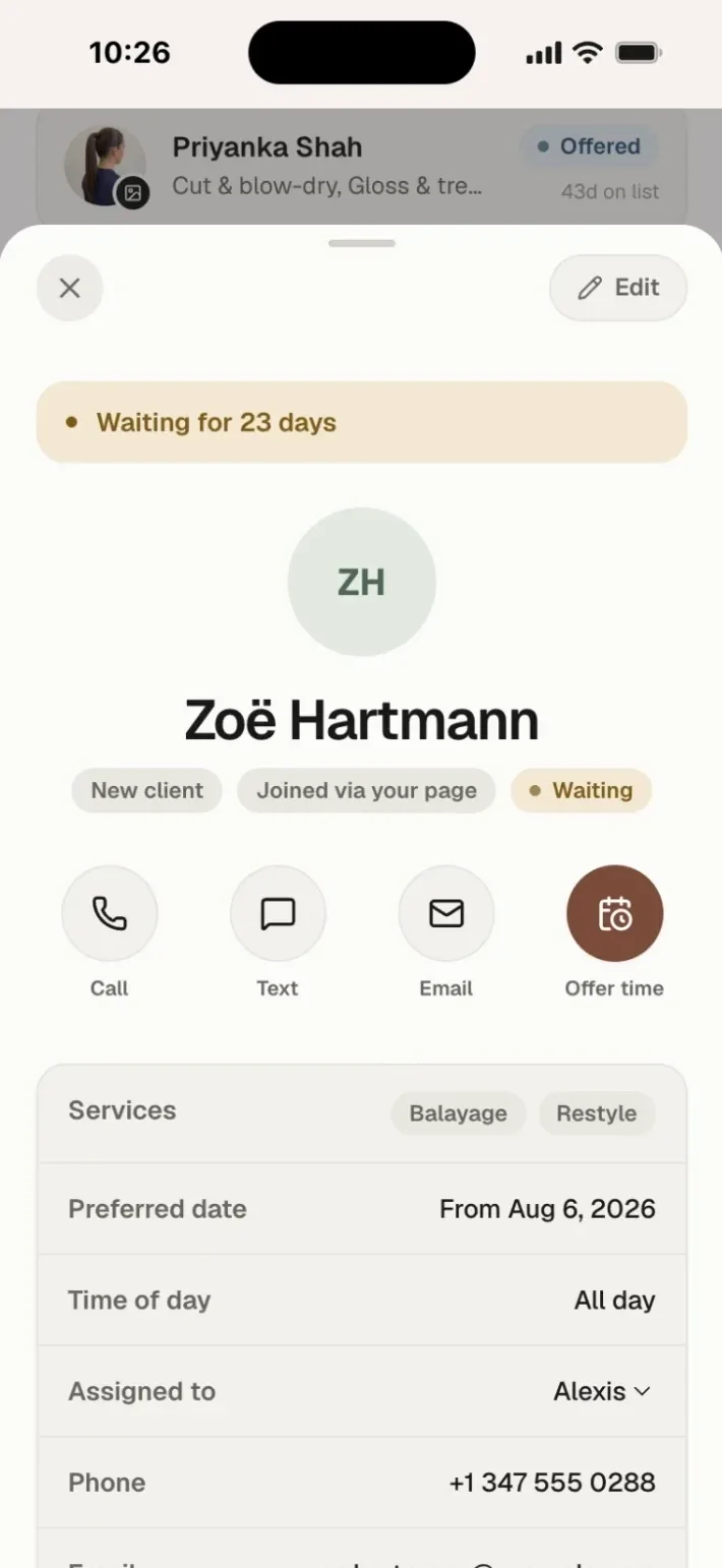 A client card in MyWaitlist.app with services, preferred dates and one-tap call, text and email.