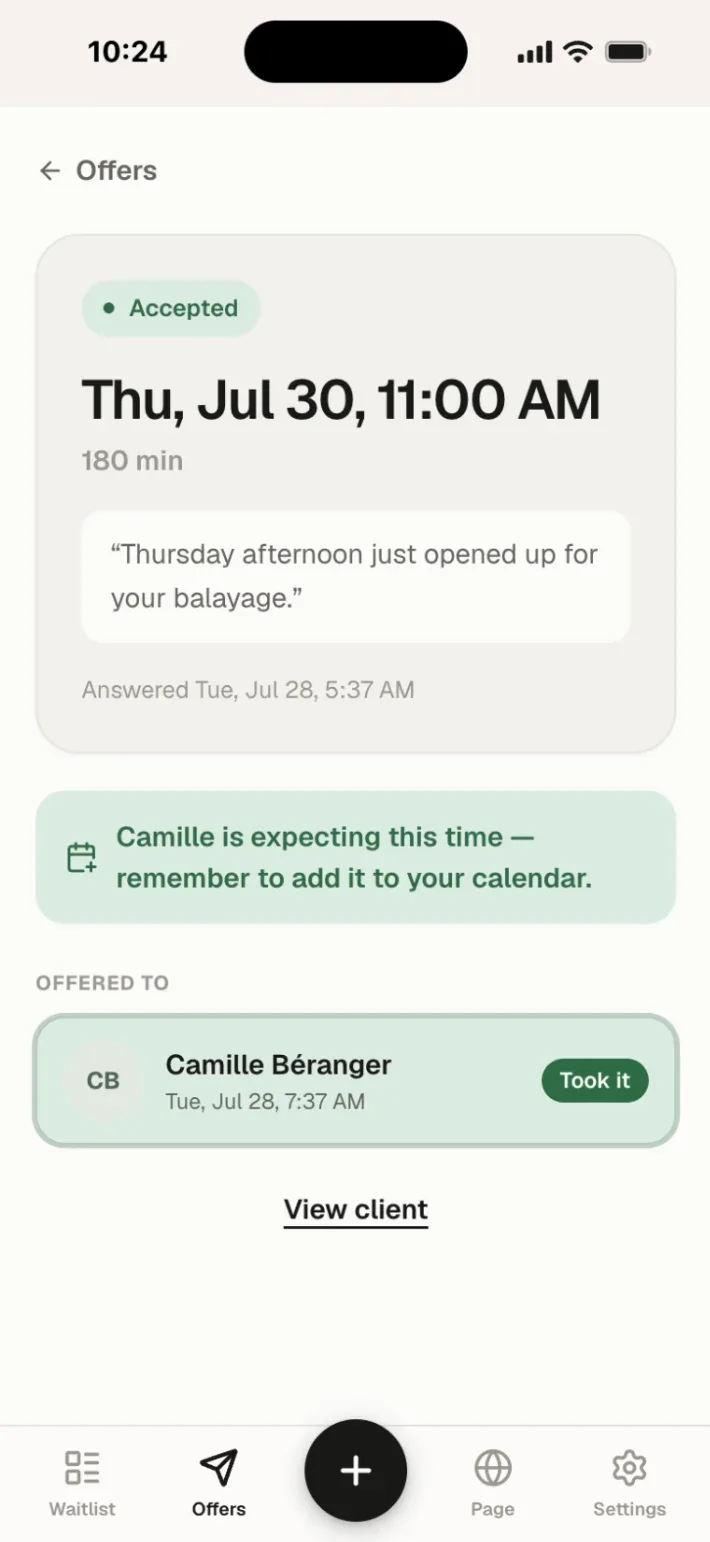 An accepted offer in MyWaitlist.app, showing the confirmed time and which client took it.