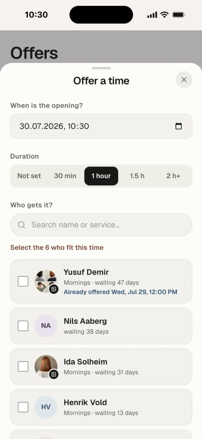 The offer sheet in MyWaitlist.app: choosing a time, a duration and which waiting clients get the offer.