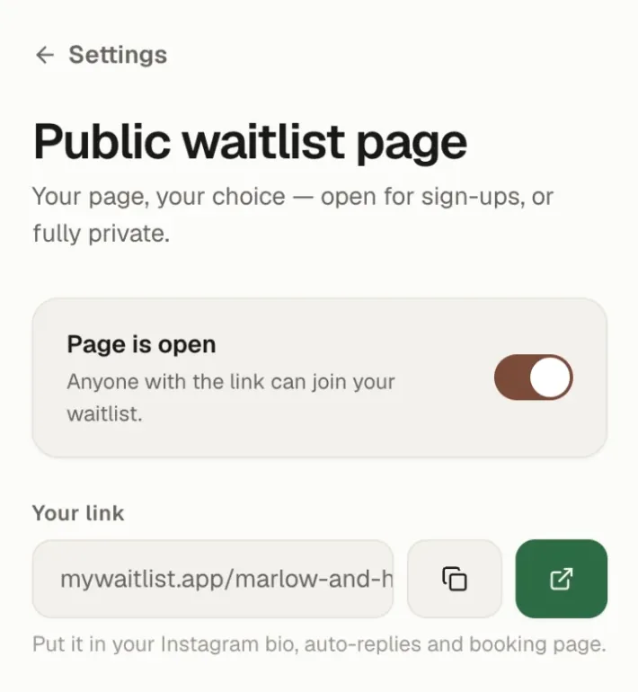 The public waitlist page setting in MyWaitlist.app: a switch marked Page is open, and the stylist's own mywaitlist.app link.
