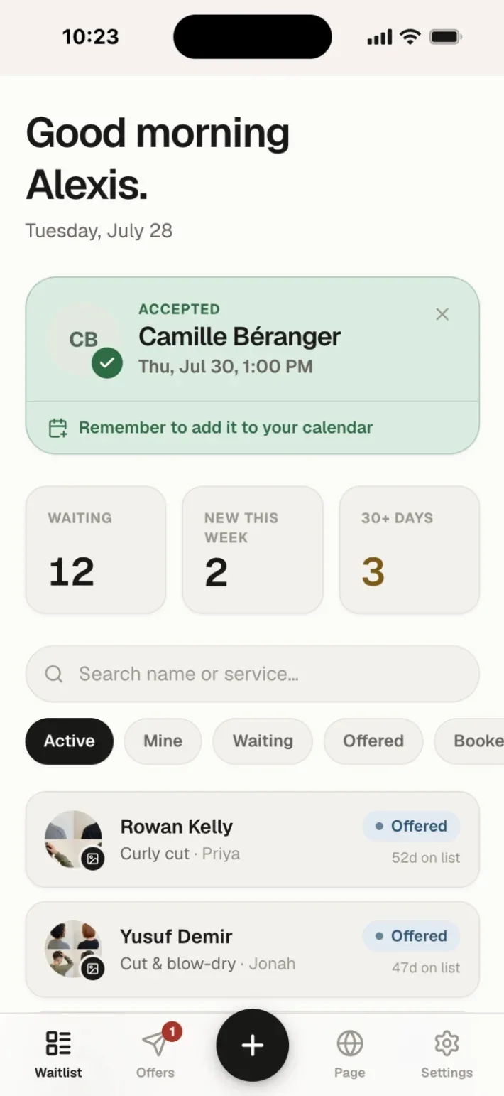 The MyWaitlist.app waitlist board, showing an accepted offer, how many clients are waiting, and the list itself.