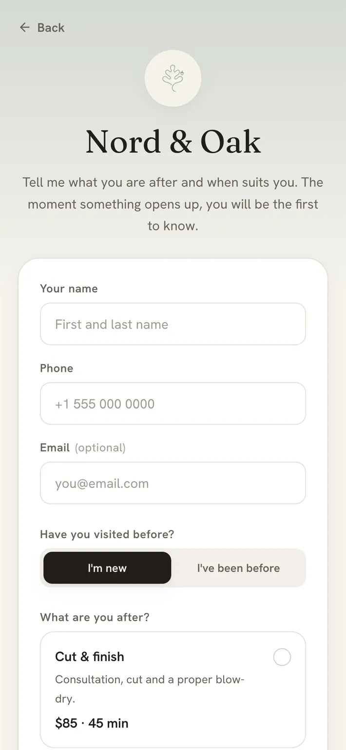 The sign-up form on a stylist's public waitlist page.